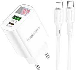 Сетевое зарядное устройство Borofone BA78A golden 20w PD USB-C/USB-A ports charger + USB-C to USB-C cable white