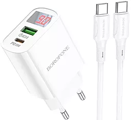 Мережевий зарядний пристрій Borofone BA78A golden 20w PD USB-C/USB-A ports charger + USB-C to USB-C cable white - фото Мережевий зарядний пристрій Borofone BA78A golden 20w PD USB-C/USB-A ports charger + USB-C to USB-C cable white