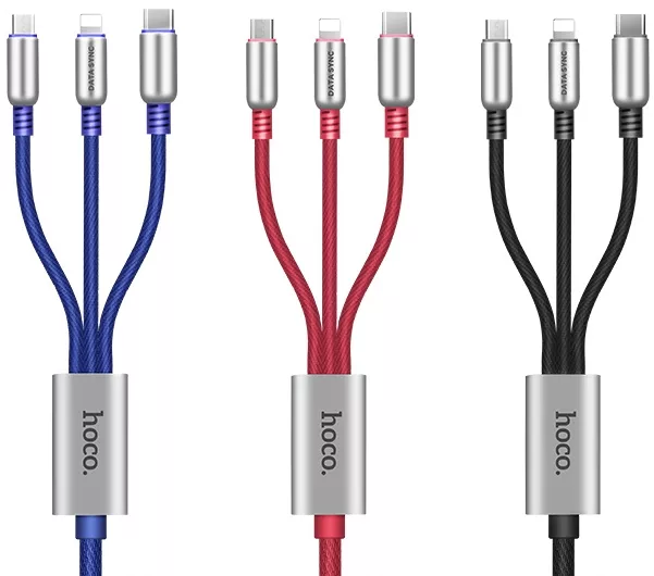 Универсальный кабель Hoco U17 Combo 3-in-1 USB-A to Type-C/Lightning/micro USB 12w 2.4a 1.5м сable Black - фото 3
