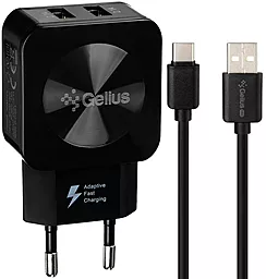 Сетевое зарядное устройство Gelius GU-HC02 Ultra Prime 2.1a 2xUSB-A ports charger + USB-C cable black