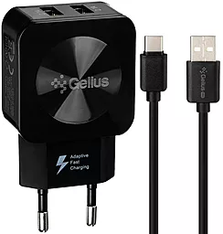 Сетевое зарядное устройство Gelius GU-HC02 Ultra Prime 2.1a 2xUSB-A ports charger + USB-C cable black - фото Сетевое зарядное устройство Gelius GU-HC02 Ultra Prime 2.1a 2xUSB-A ports charger + USB-C cable black