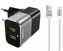 Сетевое зарядное устройство LDNio DL-2206 2.4a 2xUSB-A ports charger + Lightning cable grey - фото Сетевое зарядное устройство LDNio DL-2206 2.4a 2xUSB-A ports charger + Lightning cable grey