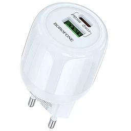Сетевое зарядное устройство Borofone BA93A 20w PD/QC USB-C/USB-A ports fast charger blue - фото Сетевое зарядное устройство Borofone BA93A 20w PD/QC USB-C/USB-A ports fast charger blue