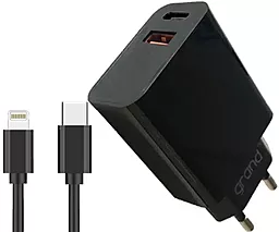 Сетевое зарядное устройство Grand D20QP-1 PD20W/QC3.0 18W USB-A-C + USB-C - Lightning Cable Black
