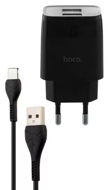 Сетевое зарядное устройство Hoco C73A 2.4a 2xUSB-A ports charger + Lightning cable black - фото 1