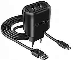 Сетевое зарядное устройство Walker WH-27 2.1a 2xUSB-A ports charger + micro USB cable black - фото Сетевое зарядное устройство Walker WH-27 2.1a 2xUSB-A ports charger + micro USB cable black
