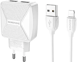 Сетевое зарядное устройство Borofone BA45A Max Power 2.4a 2xUSB-A ports charger + Lightning cable white - фото Сетевое зарядное устройство Borofone BA45A Max Power 2.4a 2xUSB-A ports charger + Lightning cable white