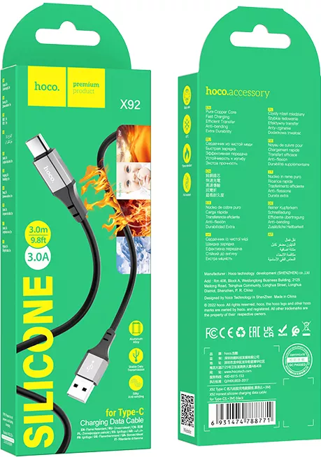 Кабель Hoco X92 USB-A - Type-C 15w 3a 3м cable Black - фото 7