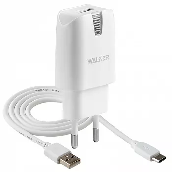Сетевое зарядное устройство Walker WH-21 2a USB-A car charger + USB Type-C cable white - фото 1