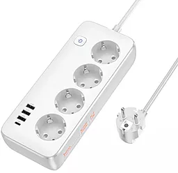Сетевой фильтр (удлинитель) Hoco AC21 4 розетки 3xUSB-A/USB-C порти с ввыключателем 1.5м белый - фото Сетевой фильтр (удлинитель) Hoco AC21 4 розетки 3xUSB-A/USB-C порти с ввыключателем 1.5м белый