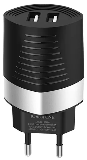 Сетевое зарядное устройство Borofone BA26A Mighty 2.4a 2xUSB-A ports charger black - фото 1