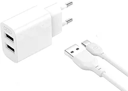 Сетевое зарядное устройство XO L109 2.4a 2xUSB-A ports home charger + USB Type-C cable white