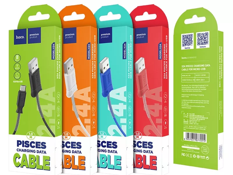 Кабель Hoco X24 Pisces USB-A - micro USB 12w 2.4a 1м cable Blue - фото 4