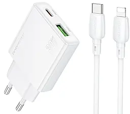 Сетевое зарядное устройство Borofone BN25 Wish 30w GaN PD USB-C/USB-A ports charger + USB-C to Lightning cable white - фото Сетевое зарядное устройство Borofone BN25 Wish 30w GaN PD USB-C/USB-A ports charger + USB-C to Lightning cable white