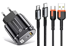 Сетевое зарядное устройство Powermax Duo Home Charger U+C 20W QC3.0/PD + Bravo USB C-C + Alpha USB-C Cables Set Black