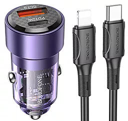 Автомобільний зарядний пристрій Borofone BZ20 Smart 38W PD/QC USB-C/USB-A + USB-C - Lightning Cable Purple
