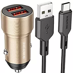 Уценённое автомобильное зарядное устройство Borofone BZ19 Wisdom 2.4a 2xUSB-A ports car charger + USB-C cable gold - фото Уценённое автомобильное зарядное устройство Borofone BZ19 Wisdom 2.4a 2xUSB-A ports car charger + USB-C cable gold