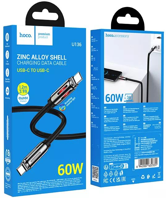 Кабель Hoco U136 USB Type-C - Type-C 60w 3a 1.2м PD cable Black - фото 5