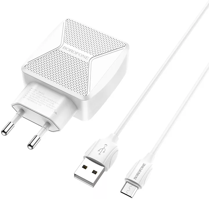 Мережевий зарядний пристрій Borofone BA45A Max Power 2.4a 2xUSB-A ports charger + micro USB cable white - фото 3