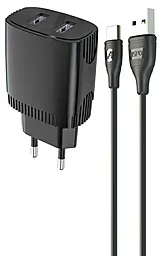 Мережевий зарядний пристрій Aspor A811 2.4a 2xUSB-A ports + USB-C cable fast charger black - фото Мережевий зарядний пристрій Aspor A811 2.4a 2xUSB-A ports + USB-C cable fast charger black