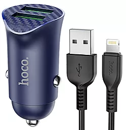 Автомобильное зарядное устройство с быстрой зарядкой Hoco Z39 18w QC3.0 2xUSB-A ports car charger + Lightning cable blue - фото Автомобильное зарядное устройство с быстрой зарядкой Hoco Z39 18w QC3.0 2xUSB-A ports car charger + Lightning cable blue