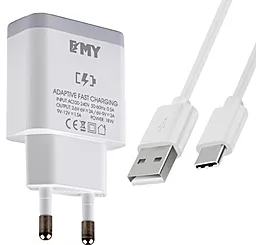Сетевое зарядное устройство EMY MY-A301Q USB QC3.0 18W + USB-C Cable White