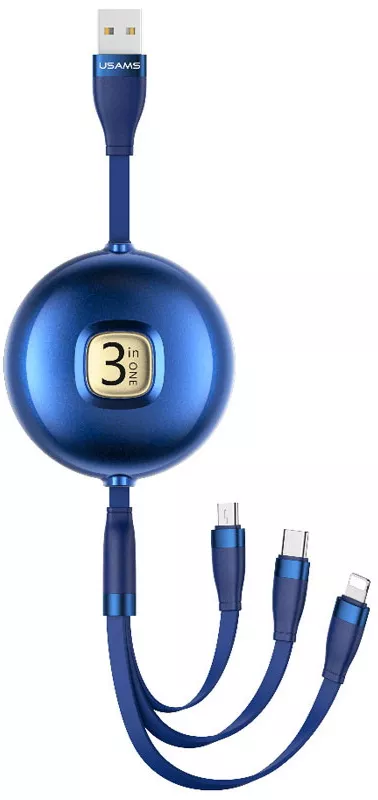 Універсальний кабель Usams U69 Retractable 3-in-1 USB-A to Type-C/Lightning/micro USB 10w 1м сable Blue - фото 1