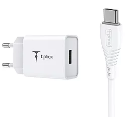 Мережевий зарядний пристрій T-PHOX Mini 12W 2.4A + USB Type-C cable 1.2m White