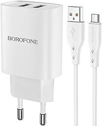 Сетевое зарядное устройство Borofone BN2 Super Fast 2USB + micro USB Cable White
