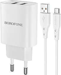 Сетевое зарядное устройство Borofone BN2 Super Fast 2.1a 2xUSB-A ports charger + micro USB cable white - фото Сетевое зарядное устройство Borofone BN2 Super Fast 2.1a 2xUSB-A ports charger + micro USB cable white