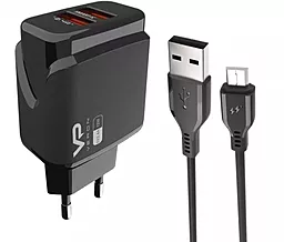 Мережевий зарядний пристрій Veron VR-C12M 2.4a 2xUSB-A ports charger + micro USB cable black - фото Мережевий зарядний пристрій Veron VR-C12M 2.4a 2xUSB-A ports charger + micro USB cable black