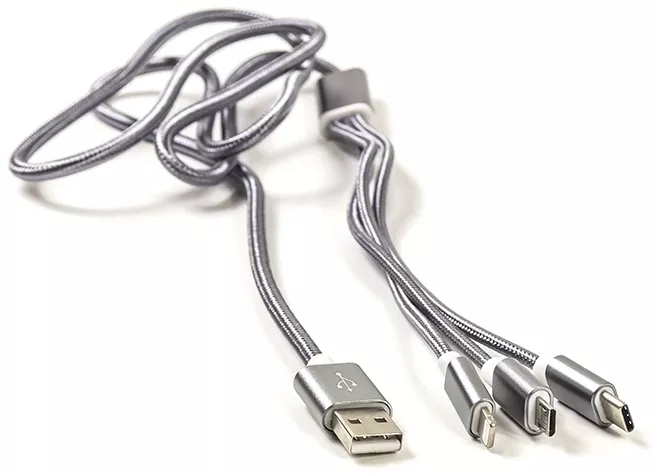 Універсальний кабель PowerPlant 3-in-1 USB-A to Type-C/Lightning/micro USB 12w 2.4a 1.2м сable Gray - фото 1