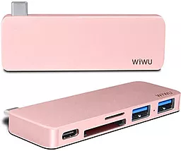 Мультипортовый USB Type-C хаб (концентратор) WIWU USB-C -> Type Dock T6 SD 2xUSB3.0/Card Reader/USB-C Charge Rose Gold