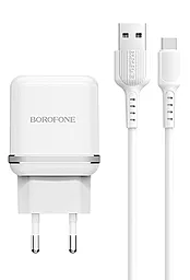 Сетевое зарядное устройство Borofone BA25A Outstanding 2.4a 2xUSB-A ports charger + USB-C cable white