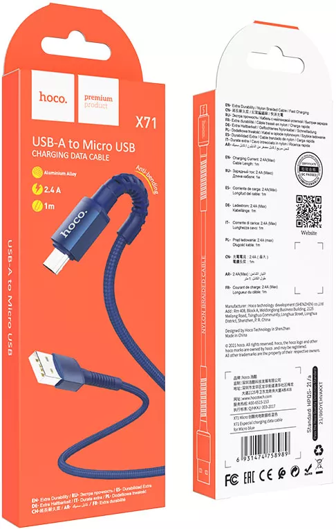 Кабель Hoco X71 Especial USB-A - micro USB 12w 2.4a 1м cable Blue - фото 4