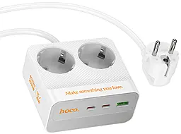 Сетевой фильтр (удлинитель) Hoco AC27 2500w 10a 2м 2 розетки 2xUSB-С/USB-A ports белый - фото Сетевой фильтр (удлинитель) Hoco AC27 2500w 10a 2м 2 розетки 2xUSB-С/USB-A ports белый