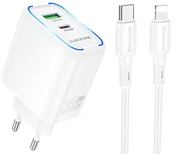 Мережевий зарядний пристрій Borofone BA89A 30w GaN PD USB-C/USB-A ports charger + USB-C to Lightning cable white - фото Мережевий зарядний пристрій Borofone BA89A 30w GaN PD USB-C/USB-A ports charger + USB-C to Lightning cable white