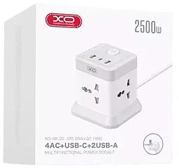 Мережевий фільтр (подовжувач) XO WL20 2м 4 розетки 3USB-A/USB-C з вимикачeм білий - мініатюра 4