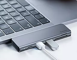 Мультипортовий Type-C хаб Baseus USB-C Harmonica Five-in-one Multiport Adapter Grey (CAHUB-K0G) - мініатюра 4