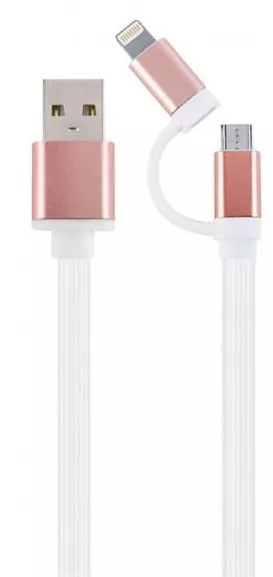 Универсальный кабель Cablexpert 2-in-1 USB-A to Lightning/micro USB 12w 2.4a 1м cable Pink (CC-USB2-AM8PmB-1M-PK) - фото 1