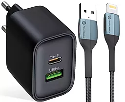 Мережевий зарядний пристрій Powermax Eclipse 30w PD USB-C/USB-A ports charger + Lightning 2m cable black - фото Мережевий зарядний пристрій Powermax Eclipse 30w PD USB-C/USB-A ports charger + Lightning 2m cable black