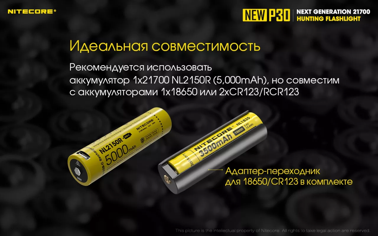 Фонарик аккумуляторный Nitecore P30 NEW (6-1233_new_set) (1x18650, 1x21700, 2xCR123, 2xRCR123) - фото 8