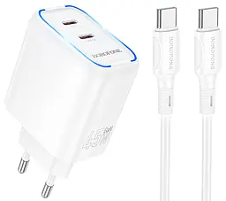 Мережевий зарядний пристрій Borofone BA90A 45w PD 2xUSB-C ports charger + USB-C to USB-C cable white - фото Мережевий зарядний пристрій Borofone BA90A 45w PD 2xUSB-C ports charger + USB-C to USB-C cable white