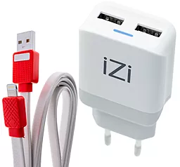 Сетевое зарядное устройство iZi MW-12 + MD-12 2.4a 2xUSB-A ports home charger + Lightning cable white - фото Сетевое зарядное устройство iZi MW-12 + MD-12 2.4a 2xUSB-A ports home charger + Lightning cable white