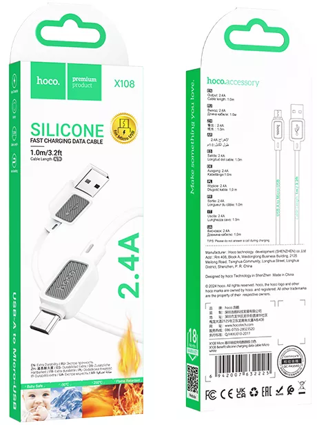 Кабель Hoco X108 Benefit USB-A - micro USB 12w 2.4a 1м cable White - фото 4