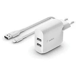Сетевое зарядное устройство Belkin 24w 2xUSB-A ports charger + Lightning cable White (WCD001VF1MWH) - фото Сетевое зарядное устройство Belkin 24w 2xUSB-A ports charger + Lightning cable White (WCD001VF1MWH)