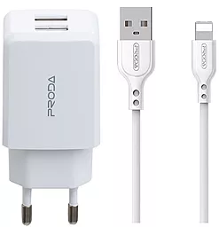 Сетевое зарядное устройство с быстрой зарядкой Proda 2.1a 2xUSB-A ports home charger + Lightning cable white (PD-A22)