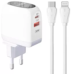 Мережевий зарядний пристрій LDNio A2522C 30W QC/PD USB-A-C с дисплеем + USB-C-Lightning cable White