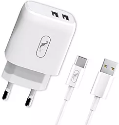 Сетевое зарядное устройство SkyDolphin SC22EBT 2.1a 2xUSB-A ports home charger + USB-C cable white (MZP-000163)