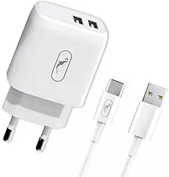 Сетевое зарядное устройство SkyDolphin SC22EBT 2.1a 2xUSB-A ports home charger + USB-C cable white (MZP-000163) - фото Сетевое зарядное устройство SkyDolphin SC22EBT 2.1a 2xUSB-A ports home charger + USB-C cable white (MZP-000163)